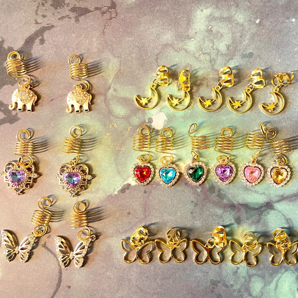 91 PCS Gold Tone Hair Jewelry for Braids, Dreadlocks, Loc w/ Charms, Beads, Cuff